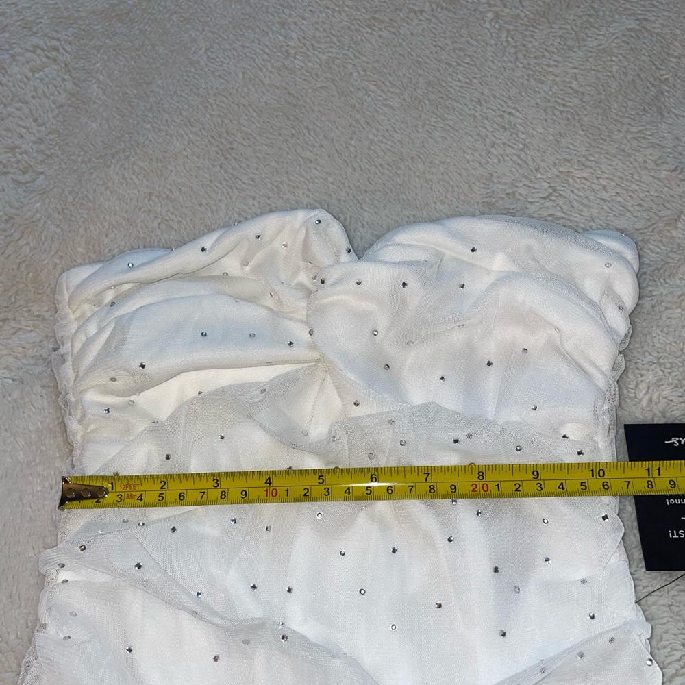 Lulus Sparkling Babe White Mesh Rhinestone Ruched Strapless Midi Dress - Picture 9 of 11